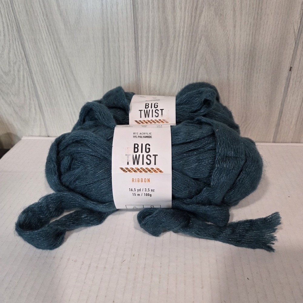 Lot 2 Skeins Big Twist Ribbon Yarn Teal 3.5 ounces 16.5 yd Same Dye Lot